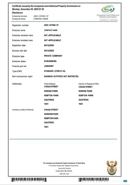 South Africa certificate of company registration Word and PDF template, version 2